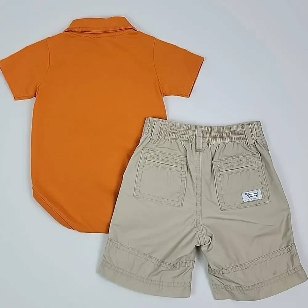Janie and Jack Tea Collection Romper Shorts Orange Khaki Blue Bundle 6-12 Months